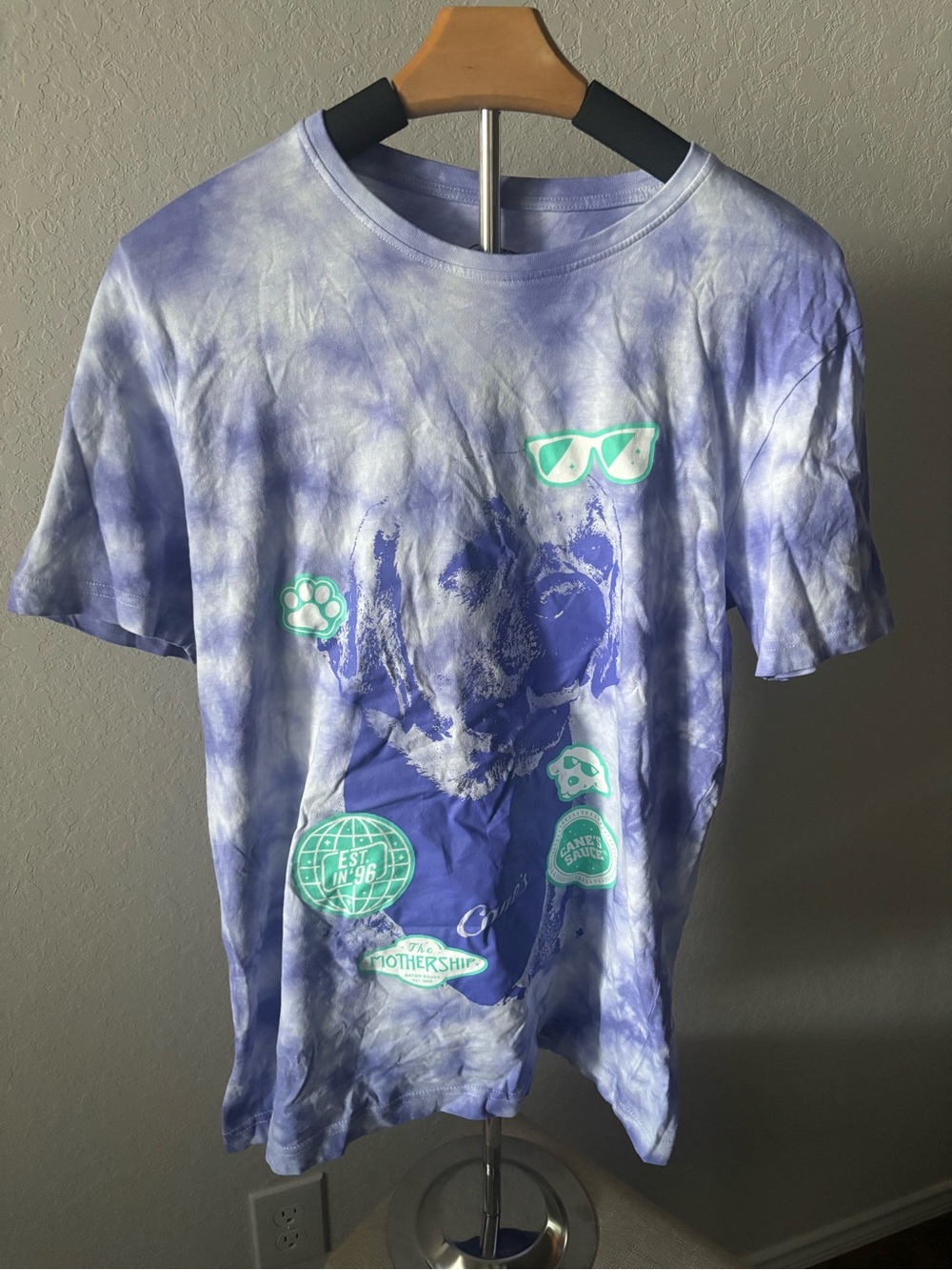 Raising Cane’s Crew Tie Dye T Shirt Purple Labrador Mascot Print Cotton Small